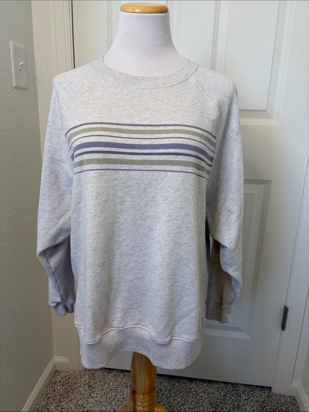 American Eagle Outfitters Light Gray Crewneck with Blue and Olive Stripes